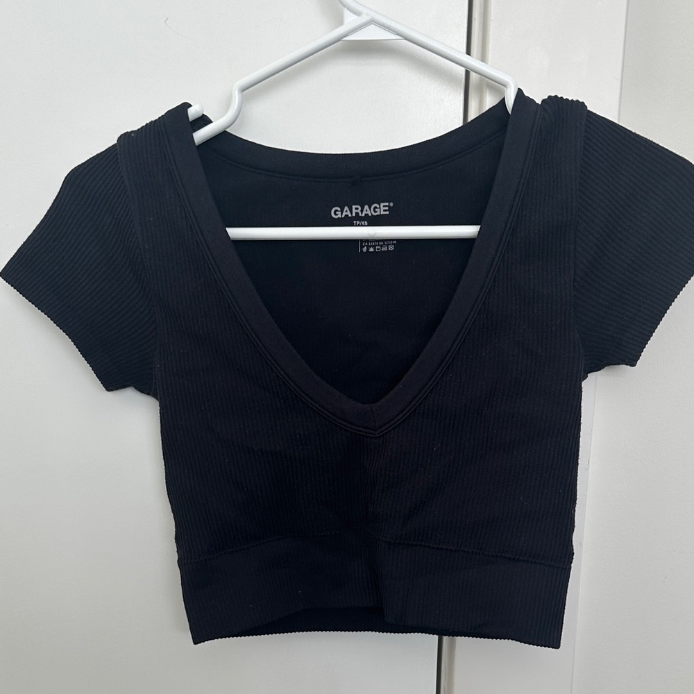 Garage Black Ribbed V-Neck Short Sleeve Crop Top